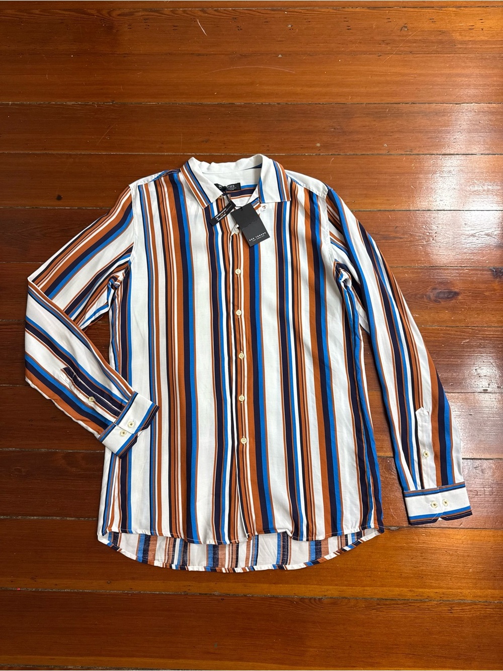 NWT Ron Tomson RNT23 100% Viscose Striped Button Down Shirt Sz L 💛🍄
